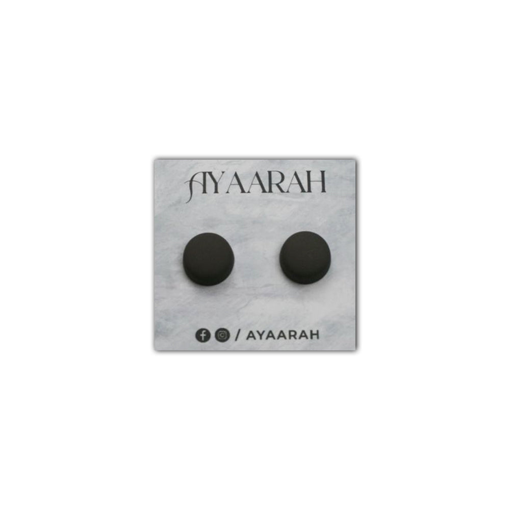 Black round earrings on a branded card with 'AYAARAH' logo.