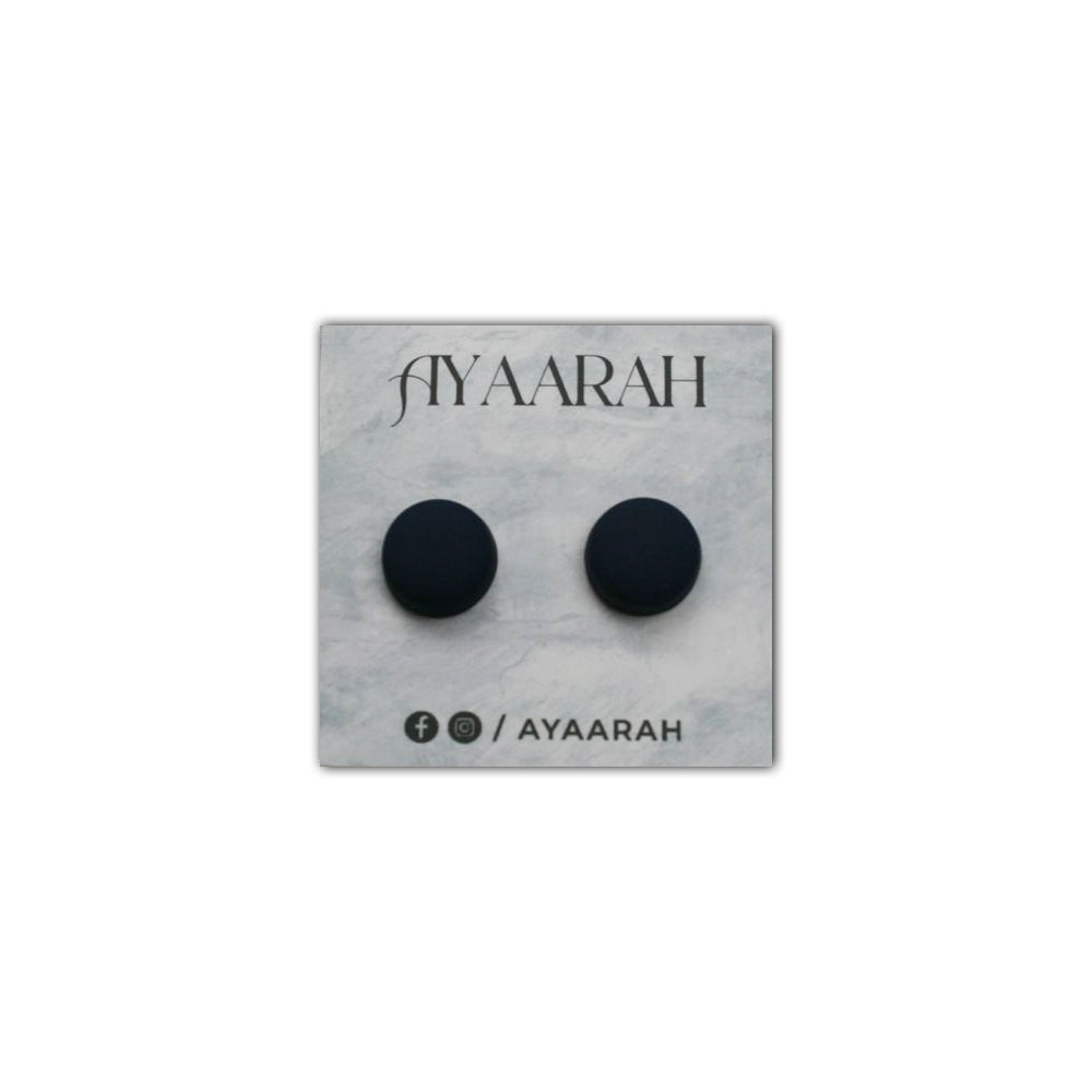 Black earrings on a branded card with 'AYAARAH' branding.